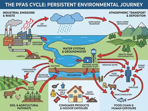 Infographic diagram of environmental pfas chemical movement and cycle