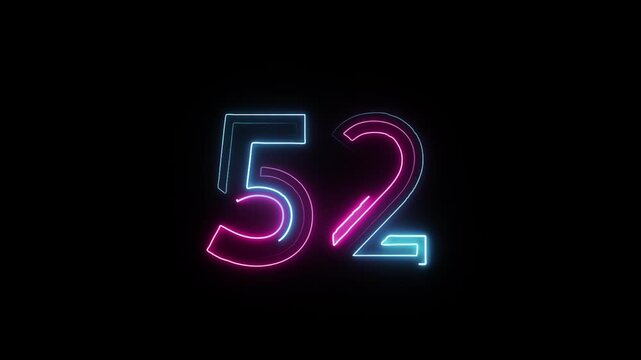 Number 52 in neon style, neon number with transparent background, fifty two