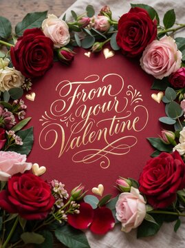 Romantic Valentine greeting card with red and pink roses, gold hearts and elegant handwritten lettering surrounded by flowers, symbolizing love, affection and celebration
