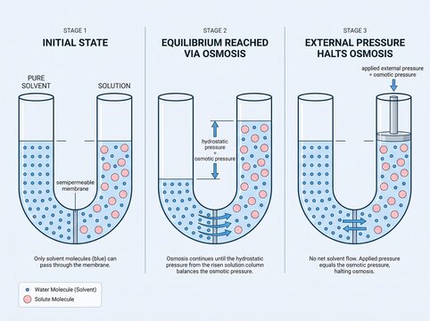 Osmosis process diagram in u-tube showing molecular movement