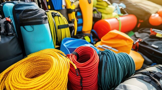 Assortment of outdoor recreational equipment in bright colors