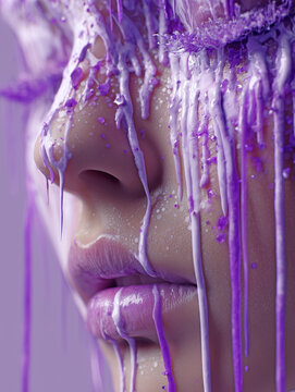 Surreal portrait of a woman with violet paint drips on her face, dreamy and artistic style. Fashion illustration with soft light and expressive details.
