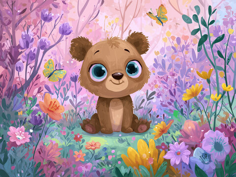 Adorable cartoon bear cub in a colorful forest with flowers and butterflies, cheerful and friendly illustration perfect for children's book or notebook cover.
