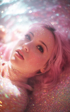 Fantasy portrait of a delicate pink-haired girl emerging from thick rainbow-colored glittery fluid, face, neck and shoulders visible, astonished expression, hair floating in sparkling magical liquid.
