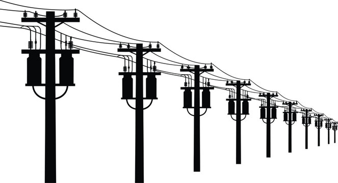 Perspective view of a long row of wooden utility poles with electrical transformers and power lines, isolated on a white background