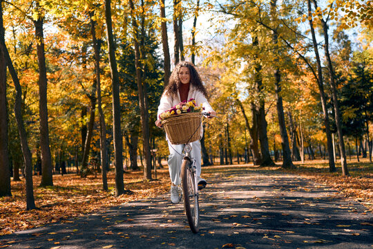 Beautiful young woman with curly hair riding a bicycle with a basket full of colorful flowers in a sunny autumn park with morning sun rays. Autumn walk, relaxation, recharging, and enjoying nature.