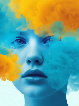 Creative portrait of a woman with blue skin tone surrounded by vibrant yellow and turquoise smoke clouds. Artistic double exposure effect with grainy texture and expressive eyes.
