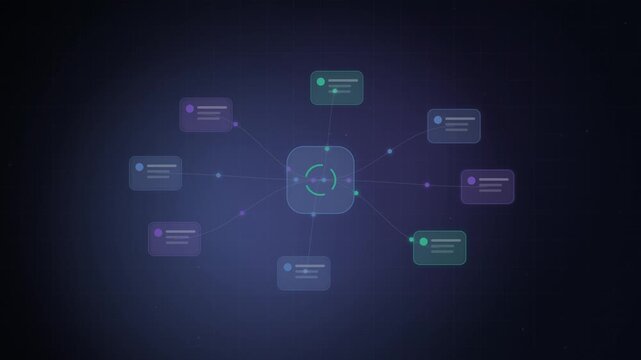 Futuristic mind map animation, digital brainstorming flowchart on dark background, interactive data visualization for business strategy