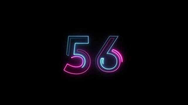 Number 56 in neon style, neon number with transparent background, fifty six