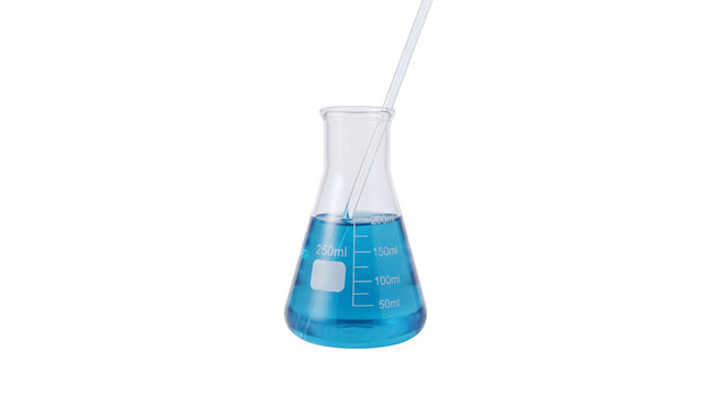 Erlenmeyer flask with blue chemical liquid and stirring rod