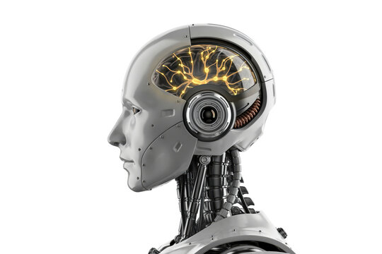 Profile view of a humanoid robot head featuring a glowing neural network brain structure isolated on a transparent background