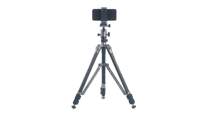 Smartphone mounted on carbon fiber camera tripod holding device