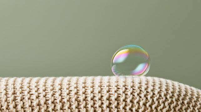 A single iridescent soap bubble rest gently on top of a soft knitted fabric surface against a calm and minimalist solid green color background
