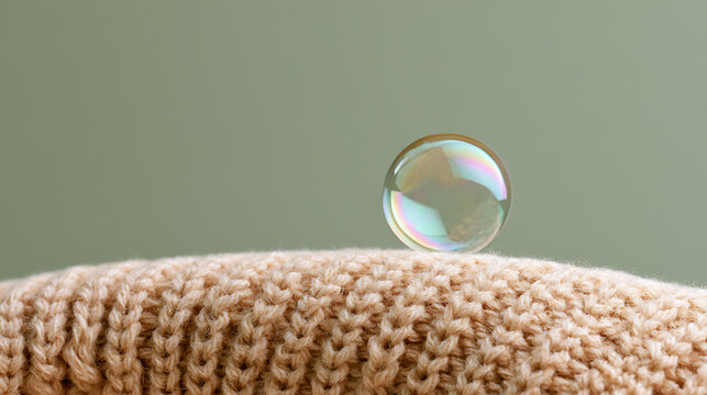 A single transparent glass sphere resting on soft knitted beige fabric against a calm green background creates a minimalist art composition