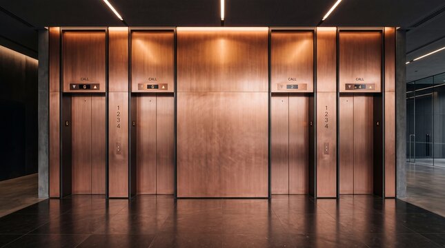 Modern Bronze Elevator Bank in Luxury Office Building Lobby