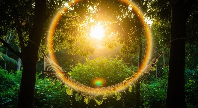 Tranquil Hammock In Lush Green Forest With Golden Sunlight Rays