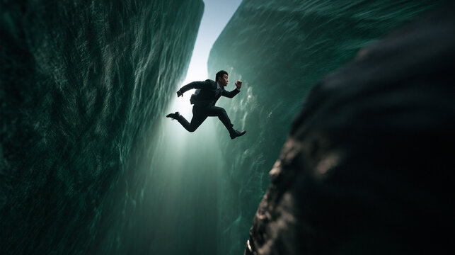 Businessman Leaping Across Canyon Chasm Overcoming Challenge