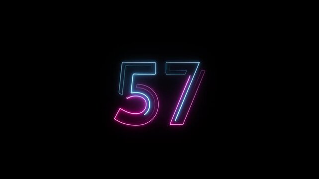 Number 57 in neon style, neon number with transparent background, fifty seven