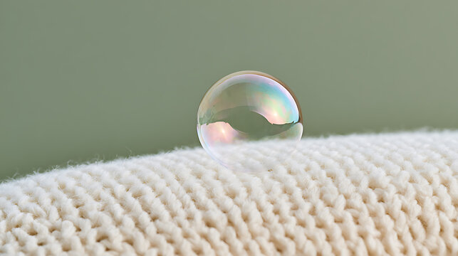 A delicate translucent soap bubble rest gently on a soft knit fabric surface with a clean minimalist background for design inspiration