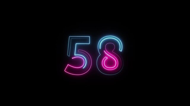 Number 58 in neon style, neon number with transparent background, fifty eight