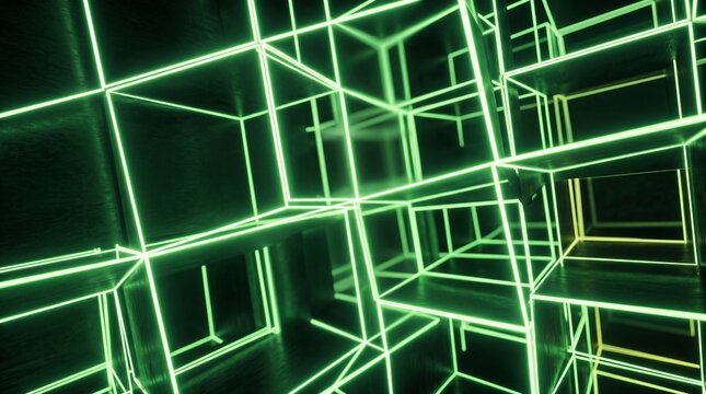 Glowing Neon Green Geometric Wireframe Cubes in Cyberspace
