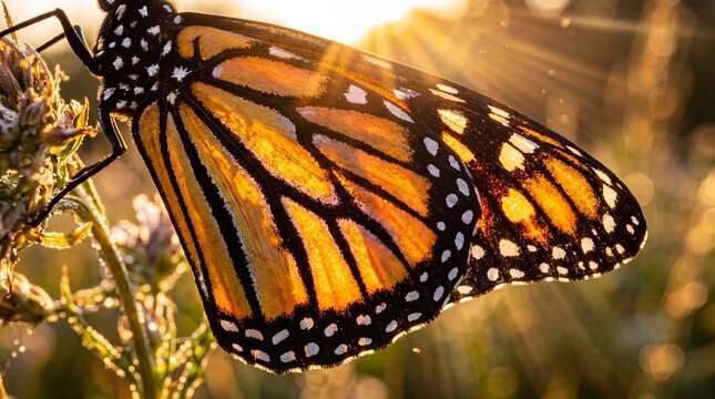 Monarch Butterfly Wing in Golden Sunlight Close-up