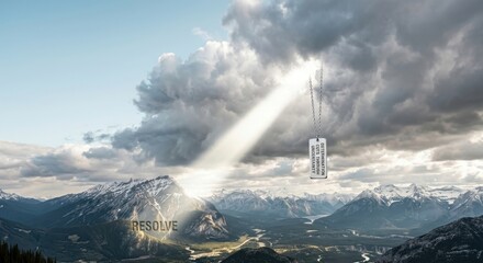 Fototapeta premium Resolve inspiring message on tag hangs in dramatic mountain light beam