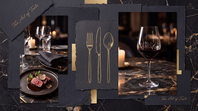 Luxury Fine Dining Restaurant Mood Board with Gourmet Dish and Wine