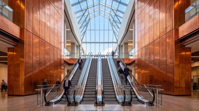 Modern Corporate Building Lobby with Escalators and Glass Atrium