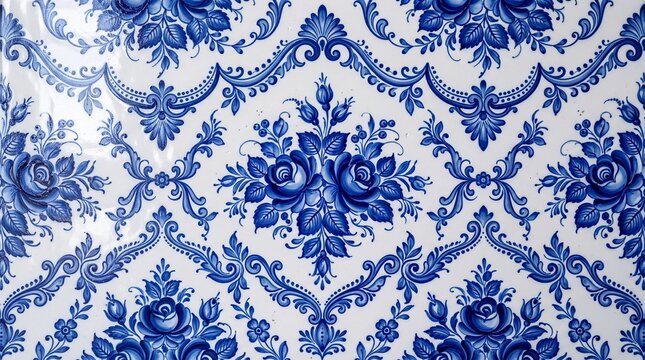 Blue and White Traditional Floral Ceramic Tile Pattern