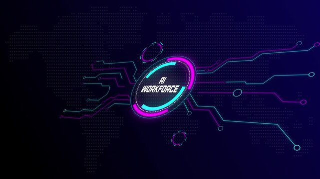 AI Workforce Collaboration Displayed on a Futuristic Technology Interface with Digital Business Elements.