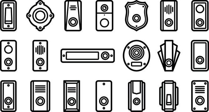 Doorbell and smart intercom line art icon set featuring buzzer buttons electronic door ringers and home security hardware vector illustrations