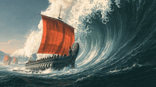 Ancient Greek trireme warship with crimson meander sail battles towering waves, heroic naval scene for mythology book covers, fantasy game art, and history,Homer epic style