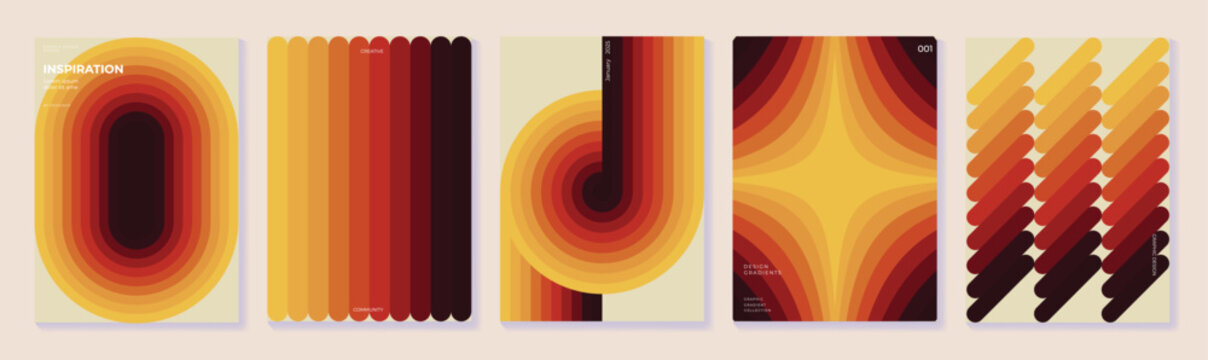 Retro gradient poster templates set. Vector abstract geometric covers with rounded arches, layered curves, warm orange red yellow and brown tones for modern print and graphic design.