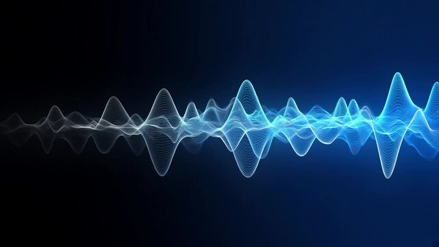Abstract blue digital sound wave representing audio frequency on dark background