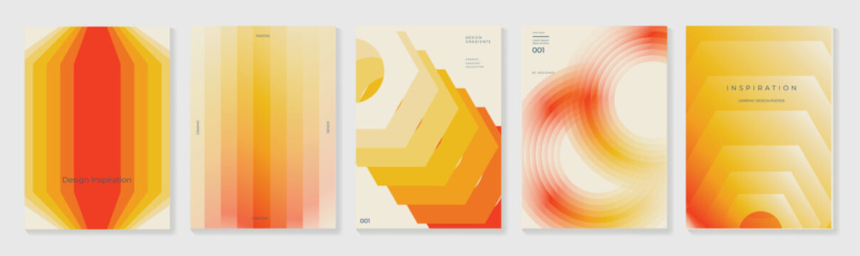 Retro gradient poster templates set. Vector abstract geometric covers with rounded arches, layered curves, warm orange red yellow and brown tones for modern print and graphic design.