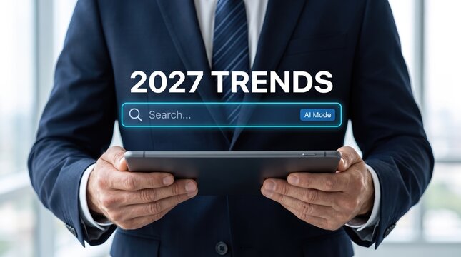 2027 trends business forecast concept. Businessman holding tablet with search bar interface. Future market analysis and AI technology trends.