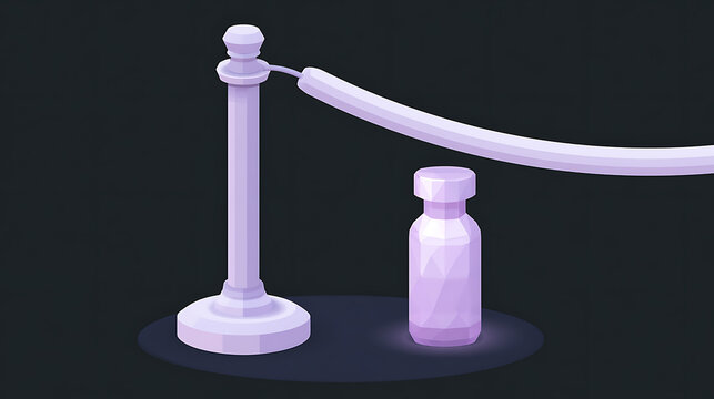 3D isometric render of a medical vaccine vial behind a crowd control barrier, symbolizing restricted access to scarce immunization med