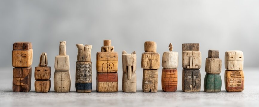 Wooden, carved, anthropomorphic figures of varying designs, stacked on a light surface. Each unique