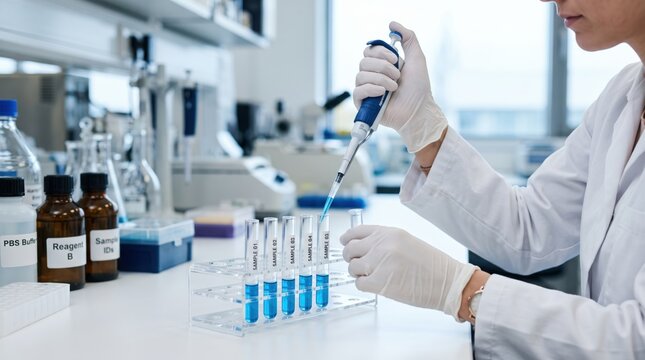 Close up of female scientist hands wearing gloves using micropipette to transfer blue liquid into test tubes in a rack, professional medical research laboratory setting