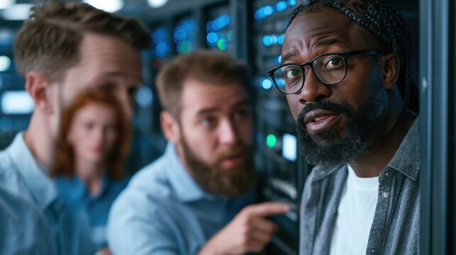 Diverse it professionals working together in a server room with blue led lights