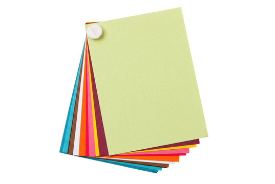 Fanned stack of multi colored note papers with a white pin