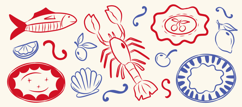Hand drawn red blue seafood icon set, vintage Mediterranean dish lobster fish clam lemon doodle elements, minimalist kitchen culinary line art vector, restaurant menu decorative illustration pattern