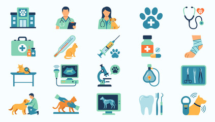 Obraz premium Veterinarian icons set with animal hospital, doctors, pets, medical tools, and diagnostic symbols for veterinary care concepts
