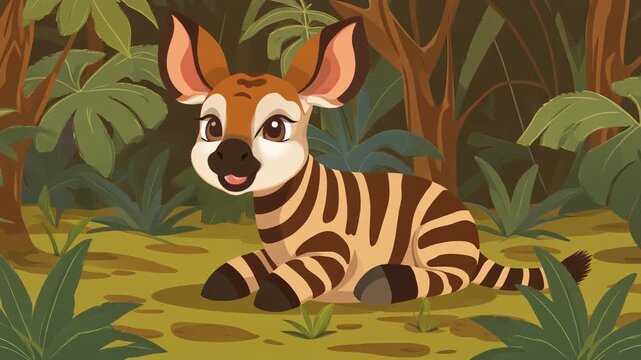 Baby Okapi Resting in Lush Forest Habitat, Rare African Rainforest Wildlife Animal Portrait