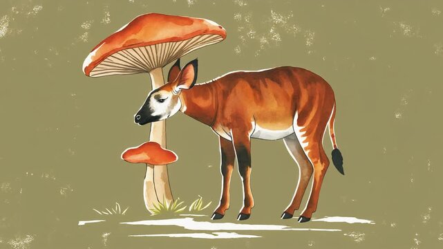 Okapi standing in a lush green forest, rare giraffe relative in natural habitat