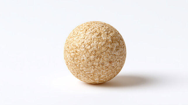 A textured sphere made of oat flakes Avena sativa placed centrally on a clean white background in studio lighting for design and food projects