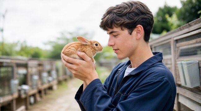 Young Man Holding Baby Rabbit at Animal Farm