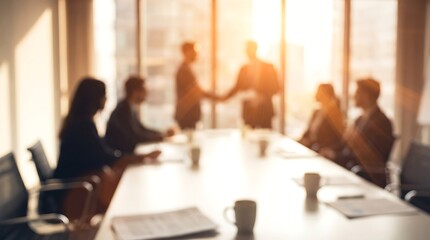 Obraz premium Blurred business people shaking hands in modern office meeting room with warm sunlight