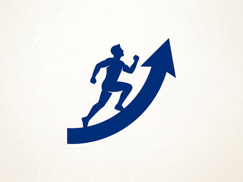 Minimalist icon of a man running up a rising arrow representing success and career growth